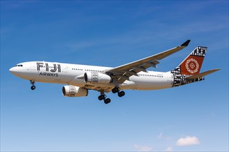 An Airbus A330-200 aircraft of Fiji Airways with registration DQ-FJV lands at Los Angeles Airport