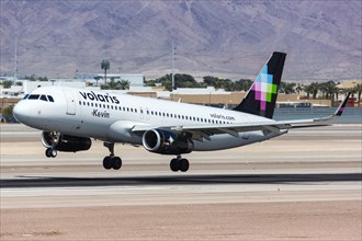 A Volaris Airbus A320 aircraft with registration XA-VLE lands at Las Vegas Airport