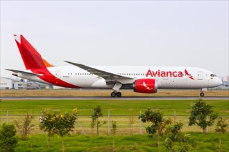 An Avianca Boeing 787-8 Dreamliner aircraft with registration N795AV takes off from Bogota airport