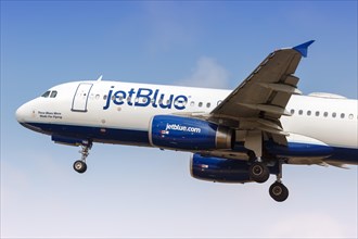 A JetBlue Airbus A320 aircraft with registration N760JB takes off from Cartagena Airport