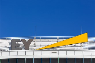 Ernst & Young EY logo at headquarters Text free space Copyspace Stuttgart Airport