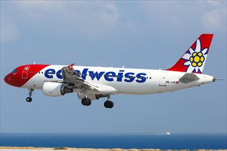 An Airbus A320 aircraft of Edelweiss with registration HB-JJK lands at Heraklion Airport