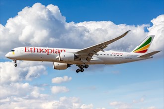 An Ethiopian Airbus A350-900 with registration number ET-AVD lands at London Heathrow Airport