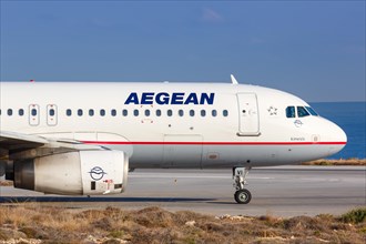 An Airbus A320 aircraft of Aegean Airlines with registration number SX-DVI at Heraklion airport