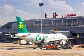 A Spring Airlines Airbus A320 at Shanghai Hongqiao Airport