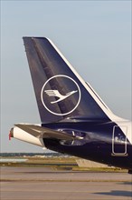An Airbus aircraft tail unit of Lufthansa with the crane logo at Frankfurt Airport