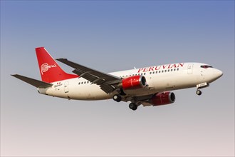 A Peruvian Boeing 737-300 aircraft with registration number OB2142P lands at Lima Airport