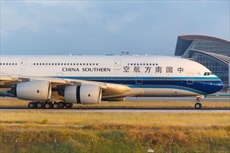 An Airbus A380-800 aircraft of China Southern Airlines with registration number B-6140 at Los Angeles airport