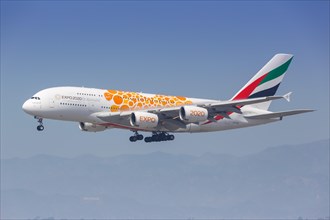 An Emirates Airbus A380-800 aircraft with registration number A6-EOE lands at Los Angeles Airport
