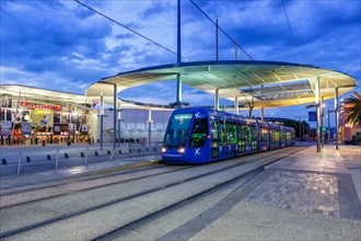 Alstom Citadis tram Tramway de Montpellier public transport at the stop Place de France in Montpellier