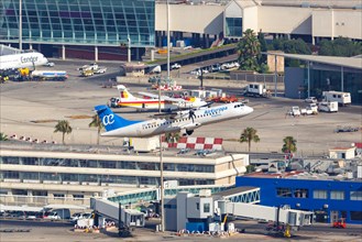 An Air Europa Express ATR-72-500 with registration EC-MHJ takes off from Palma de Majorca Airport