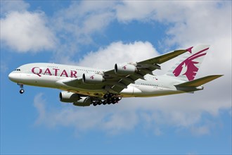 A Qatar Airways Airbus A380-800 with registration A7-APH lands at London Airport