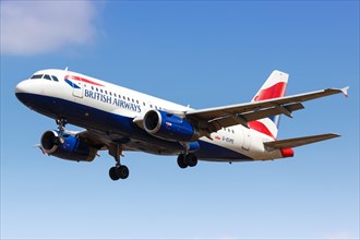 A British Airways Airbus A319 with the registration G-EUPE lands at London Airport