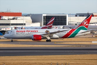 A Kenya Airways Boeing 787-8 Dreamliner aircraft with registration number 5Y-KZG at London Airport