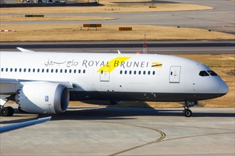 A Royal Brunei Boeing 787-8 Dreamliner aircraft with registration number V8-DLE at London Airport