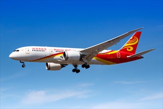 A Boeing 787-8 Dreamliner aircraft operated by Hainan Airlines with registration number B-2723 lands at London Airport