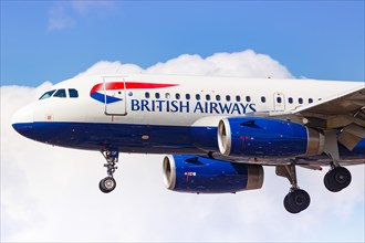 A British Airways Airbus A319 with registration G-EUOF lands at London Airport