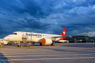 An Embraer 190 E2 aircraft of Helvetic Airways with registration HB-AZD at Zurich Airport