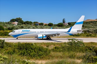 A Boeing 737-800 of Enter Air with the registration SP-ENV at Skiathos Airport