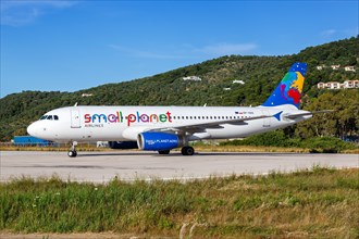 An Airbus A320 aircraft of Small Planet Airlines with registration number SP-HAG at Skiathos airport