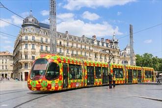 Alstom Citadis tram Tramway de Montpellier public transport at the Comedie stop in Montpellier