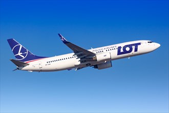 A Boeing 737-800 aircraft of LOT Polish Airlines with registration SP-LWA takes off from Frankfurt Airport
