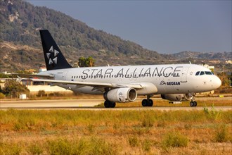 An Airbus A320 aircraft of Aegean Airlines with registration SX-DVQ and European Starling Alliance special livery at Rhodes Airport