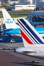 Aircraft of KLM Royal Dutch Airlines and Air France at Amsterdam Schiphol Airport