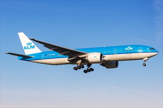 A KLM Royal Dutch Airlines Boeing 777-200ER aircraft with registration number PH-BQP lands at Amsterdam Schiphol Airport