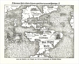 Historical map of America in the 1550 edition of the Cosmography of Sebastian Muenster