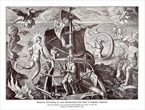 Allegorical depiction of the first circumnavigation of the world by Fernao de Magalhaes (Fernando/Ferdinand Magellan)