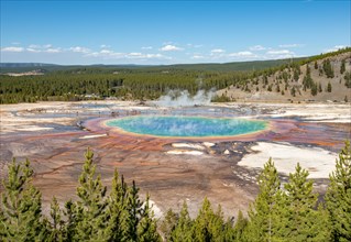 Steaming hot spring with colored mineral deposits and turquoise water
