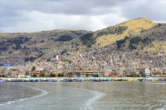View from the lake to the city of Puno