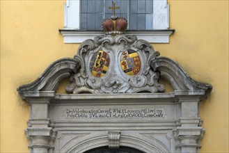 Double coat of arms of Palatinate-Sulzbach and Hesse-Rheinfels-Rothenburg on the entrance portal of the monastery church of St. Hedwig from 1753