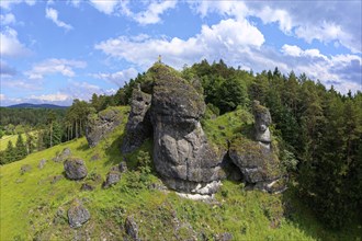 Aerial view of the rock above Oberailsfeld with cyclist figure