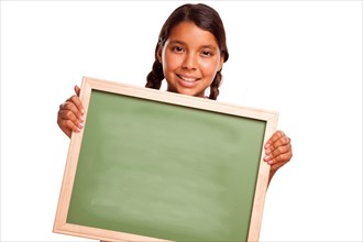 Pretty hispanic girl holding blank chalkboard ready for your own message isolated on a white background