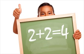Proud hispanic boy holding chalkboard with math equation and thumbs up isolated on a white background