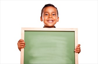Cute hispanic boy holding blank chalkboard ready for your own message isolated on a white background