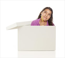 Attractive young ethnic female with pencil popping out and thinking outside the box isolated on a white background