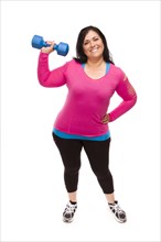 Attractive middle aged hispanic woman in workout clothes lifting dumbbell against a white background