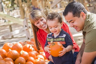 Happy mixed-race family picking pumpkins at the pumpkin patch