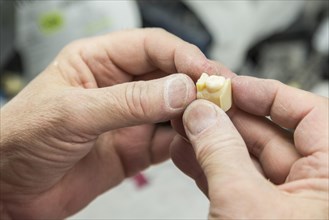 Male dental technician working on A 3D printed mold for tooth implants in the lab