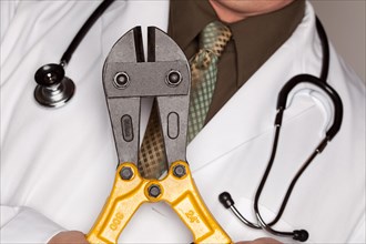 Doctor with stethoscope holding A pair of cable cutters