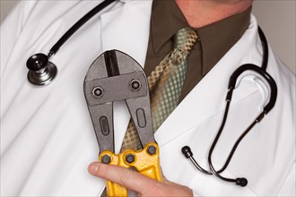 Doctor with stethoscope holding A pair of cable cutters
