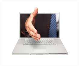 Man reaching for a handshake through laptop screen isolated on a white background