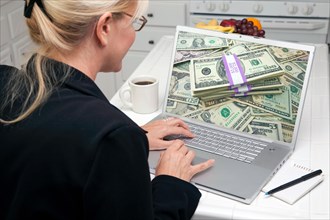 Woman in kitchen using laptop to earn or win money. screen can be easily used for your own message or picture. picture on screen is my copyright as well