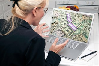 Excited woman in kitchen using laptop to earn or win money. screen can be easily used for your own message or picture. picture on screen is my copyright as well