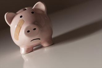 Piggy bank with bandage on face on dramatic gradated background