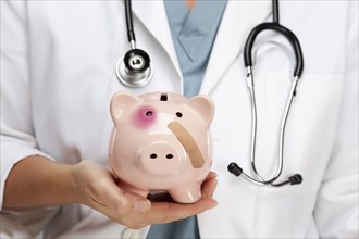 Female doctor with stethoscope holding piggy bank with bruised eye and bandage