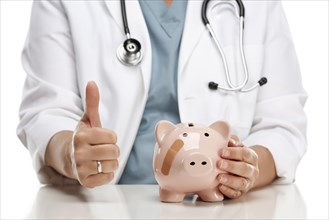 Female doctor with thumbs up holds caring hand on a piggy bank with bandage
